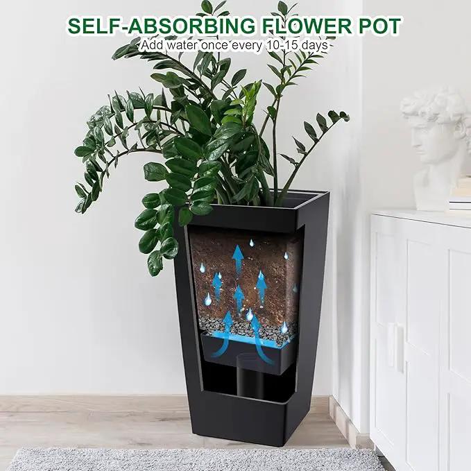 30" Tall Planters Set of 2, Outdoor＆Indoor Black Planter Pots, High Front Porch Planter Pots with Drainage Holes＆Water Level Monitor Movable Wheels ＆Inner Bucket, Automatic Watering,Black, photo 3 of 6