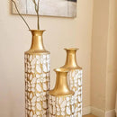 Medhansh Metal Floor Vase, Tall Floor Vase with Gold Twig Pattern, Antique White Finish (Set of 3) by CozyNest Decor