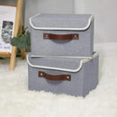 ANMINY 4PCS Storage Bins with Lid PU Leather Handles Storage Boxes PP Plastic Board Decorative Foldable Lidded Cotton Linen Fabric Home Cubes Baskets Closet Organizer Containers - Gray, Small Size by CozyNest Decor