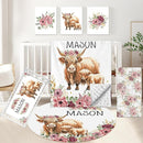 Personalized Baby Bedding Set, 5 Pcs Custom Baby Crib Set with Name, Soft Flannel Highland Cow Crib Bedding Set for Girls, Double Layer Nursery Bedding Set, New Parents Toddlers Infants Gift by TinyTreasures Baby Boutique