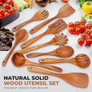 SPATUAMZ Wooden Kitchen Utensils Set, Smooth Finished Wooden Spoons for Cooking, Natural Teak Cooking Utensils Set of 9 for Nonstick Pans and Cookware by CozyNest Decor