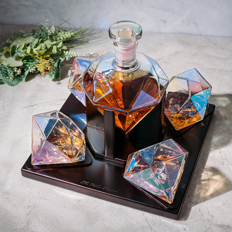 The Wine Savant Diamond Whiskey and Wine Decanter, Great Gift! 750ml With 4 Diamond Glasses and Beautiful Mahogany Wooden Holder Liquor, Scotch, Rum, Bourbon, Vodka, Tequila Decanter