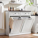 Double Tilt Out Laundry Hamper Cabinet, 20 Gallon Farmhouse Trash Can Cabinet with Drawer, Hidden Wood Garbage Can Bin Cabinets with Laundry Storage Basket for Bathroom, Kitchen (Antique White) by CozyNest Decor