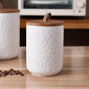 JOJUNO White Ceramic Canister Set with Wooden Lid, 3-Piece Airtight Food Storage Jars for Kitchen Counter - Flour, Sugar, Coffee, Tea, Spice - Small, Medium, Large Sizes - Stone Texture by CozyNest Decor