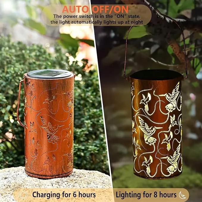 2 Pack Solar Lanterns Outdoor Hanging Hummingbird Decor Lantern,Waterproof Hollow Out Metal Decorative Garden Light,Graceful Decoration for Patio,Yard,Landscape,Festival, photo 5 of 6