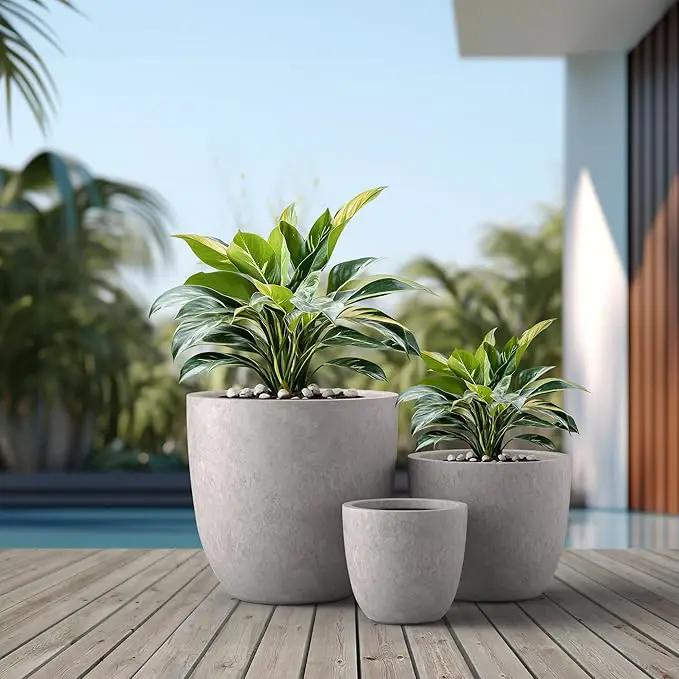 Kante 18",14",10" Dia Concrete Round Planters (Set of 3), Outdoor Indoor Large Planter Pots with Drainage Hole and Rubber Plug for Home Patio Garden, Light Gray, photo 3 of 7