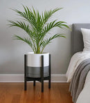 D'vine Dev Ceramic Planter with Ebony Stand - 10 Inch Modern Round Flower Pot with Wood Planter Holder, White/Grey, 55-B-L-6 by GreenHaven Gardens