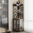 Corner Bar Cabinet with Power Outlet, 5-Tier Corner Wine Cabinet with Led Strip and Glass Holder, Industrial Tall Liquor Cabinet Bar Wine Rack for Home, Grey Oak by CozyNest Decor