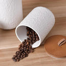 JOJUNO White Ceramic Canister Set with Wooden Lid, 3-Piece Airtight Food Storage Jars for Kitchen Counter - Flour, Sugar, Coffee, Tea, Spice - Small, Medium, Large Sizes - Stone Texture by CozyNest Decor