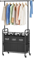 Tajsoon Laundry Sorter Cart with Hanging Rack, Laundry Sorter 3 Section, Laundry Hamper with Heavy Duty Rolling Lockable Wheels, Black by CozyNest Decor