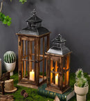 Large Farmhouse Decorative Wooden Lanterns Set of 2, Rustic Burnt Wood Floor Lanterns, Indoor/Outdoor Hurricane Lanterns for Home Decor (No Glass) by CozyNest Decor