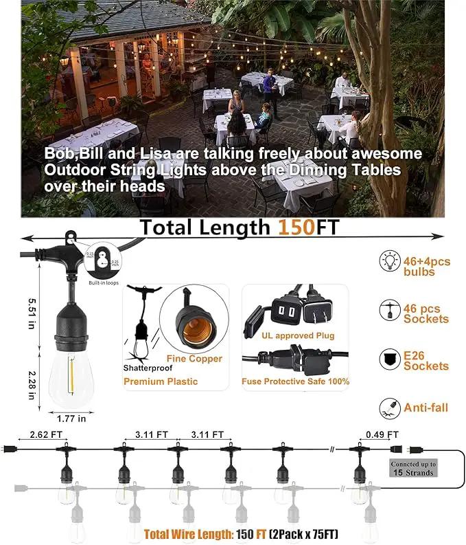 Achin Outdoor String Lights 150 Feet LED Waterproof Patio Lights with 50 Shatterproof Dimmable Warm Edison Bulbs String Lights for Outdoor Gazebo Bistro Wedding Birthday Party Lights, Connectable, photo 2 of 6