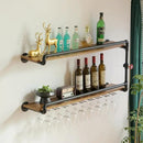 41 Inch Wine Rack Wall Mounted 2 Tier, Hanging Floating Bar Liquor Shelves with Glass Holder Storage Under, Industrial Rustic Pipe Farmhouse Kitchen Decor Black by CozyNest Decor