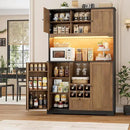 FINETONES 71" Pantry Cabinet with LED Light and Charging Station, Kitchen Pantry Cabinet with Microwave Stand, Kitchen Hutch Food Storage Cabinet with Outlet and Wine Racks, Black/Brown by CozyNest Decor
