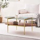 Oval Glass Coffee Table, Mid-Century Modern Design, L41 x W21 x H17 inch, for Living Room, 2-Tier Structure, Clear Glass Top and Walnut Finish Wood Shelf, Conical Legs with Gold Finish Frame by CozyNest Decor