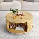 Round Coffee Table with Storage, 31.5" Modern Coffee Table with 360° Curved Sliding Door, Fluted Wood Accent Coffee Table with Adjustable Footpads, Round Center Table for Living Room, Oak by CozyNest Decor