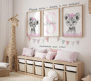 Safari Animals Girls Nursery Bedroom Unframed Set of 3 Poster Prints, Personalized Name Pink or Purple Flowers Wall Art Decor New Baby Gift Present, Elephant Giraffe Panda Zebra Lion (11x14) by TinyTreasures Baby Boutique