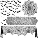 ZeeDix 39 Pcs Halloween Decorations Kit Black Lace Spiderweb Round Tablecloth Table Runner, Giant Spider Cobweb Fireplace Scarf with 36PCS Scary 3D Bats Wall Stickers for Halloween Party Decor by CozyNest Decor