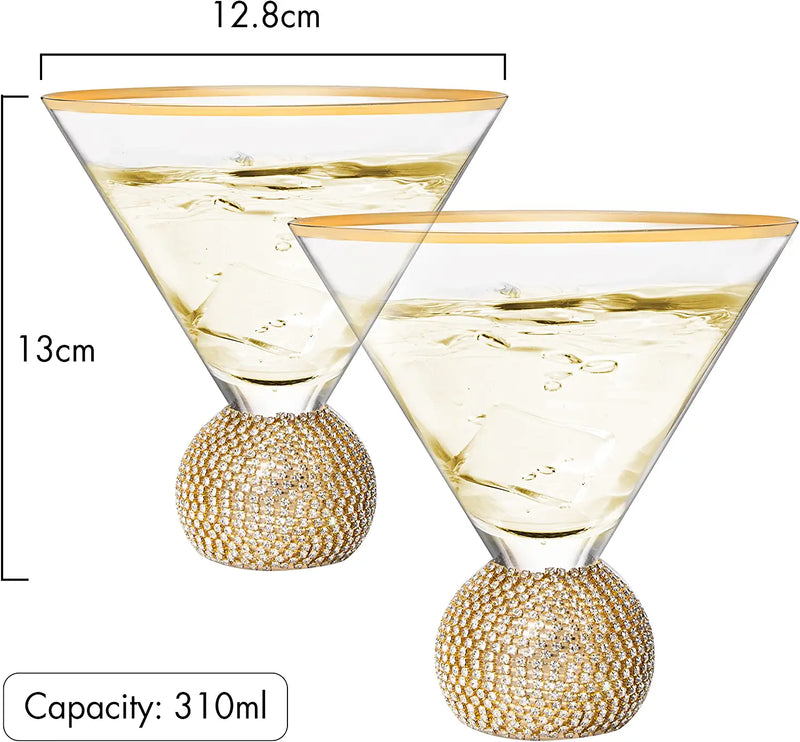 Diamond Studded Martini Glasses Set of 2 - The Wine Savant - Gold Rimmed Modern Cocktail Glass, Rhinestone Diamonds With Stemless Crystal Ball Base, Bar or Party 10.5oz, Swarovski Style Crystals