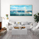 XLSJERST Large Blue Canvas Wall Art Seascape Painting - Landscape Picture Textured Navy Modern Sailboat Ocean Artwork Framed for Living Room Bedroom Bathroom Home Office Wall Decor Large Size 29"x58" by CozyNest Decor