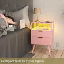 Pink Nightstand with Charging Station and LED Lights,Modern Bedside Table with 2 Storage Drawer and Open Wood Shelf, for Bedroom and Small Spaces,Night Stand with Solid Wood Legs,Pink by CozyNest Decor