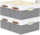 Yawinhe Fabric Storage Bins with Handles, Foldable Baskets for Shelves, Cubes with 3 Handles, Large Boxes for Clothes, White/Grey, 16.9''Lx11.8''Wx10.2''H, 4-Pack by TinyTreasures Baby Boutique