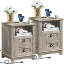 18" Farmhouse Night Stands Set of 2 with Charging Station, 2 Drawers End Table Dresser for Bedroom, Oak Wooden Nightstand, Bed Side Table with Open Shelf, Bedside Cabinet for Living Room by CozyNest Decor