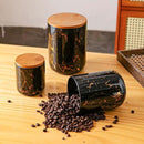 Ceramic Canister Set with Bamboo Airtight Lids, 3-Piece Kitchen Storage Jars (48oz, 30oz, 12oz) – Black with Gold Marble Pattern, Glossy Finish, for Coffee, Sugar, Flour & More by CozyNest Decor