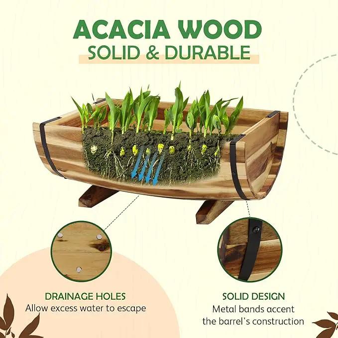 IDZO Solid Acacia Wood Half Barrel Planters Outdoor Set of 2 Different Sizes, Wooden Planters for Outdoor Plants with Metal Bands & Drainage Holes, Legs Included, Natural, photo 4 of 6