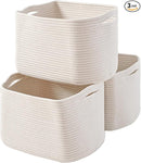 Storage Baskets for Organizing Shelves, Woven Cotton Rope Bins for Baby Nursery Organization, Book Toy Towel Organizer, 15"x11"x9.5", 3 Packs, Off White by TinyTreasures Baby Boutique