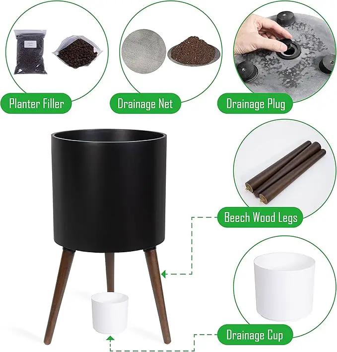 D'vine Dev 14 Inch Planter Pot with Stand, Mid-Century Tall Plant Pot with Legs for Indoor Plants, X-Large, Black, 88-O-D-2, photo 4 of 6