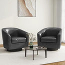 Swivel Barrel Accent Chair, Modern Round Faux Leather Arm Chair for Living Room, Bedroom, Comfy Club Reading Chairs for Adults (Faux Leather, Black Grey, Set of 2)
