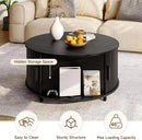 Round Coffee Table with Storage, 31.5" Modern Coffee Table with 360° Curved Sliding Door, Fluted Wood Accent Coffee Table with Adjustable Footpads, Round Center Table for Living Room, Black by CozyNest Decor
