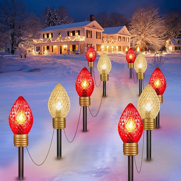 Moonflor Strawberry Jumbo C9 Christmas Lights Outdoor - 2 Pack Total 17FT 10 LED Jumbo C9 Christmas Pathway Lights Outdoor, C9 Walkway Lights, Christmas Decoration for Outside Lawn, Red & Warm White