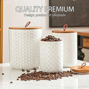 JOJUNO White Ceramic Canister Set with Wooden Lids – 3-Piece Airtight Food Storage Jars for Kitchen, Embossed Design, Small/Medium/Large Sizes (30/48/82 oz) – Flour, Sugar, Coffee, Tea Containers by CozyNest Decor