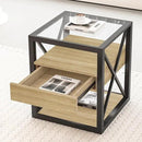 Farmhouse End Table Set of 2, Modern Side Table with Drawer&3-Tier Storage Shelf, Square Rustic Nightstand, Accent Tea Table, for Bedroom Office Living Room, Brown, Natural Wood, Glass, Metal by CozyNest Decor