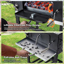 MELLCOM Charcoal Grill with Wood Foldable Side Table - 338 Sq.In BBQ Area with Individual Lifting Charcoal Trays & Thermometer, Movable Charcoal Grill for Outdoor Patio, Garden and Backyard