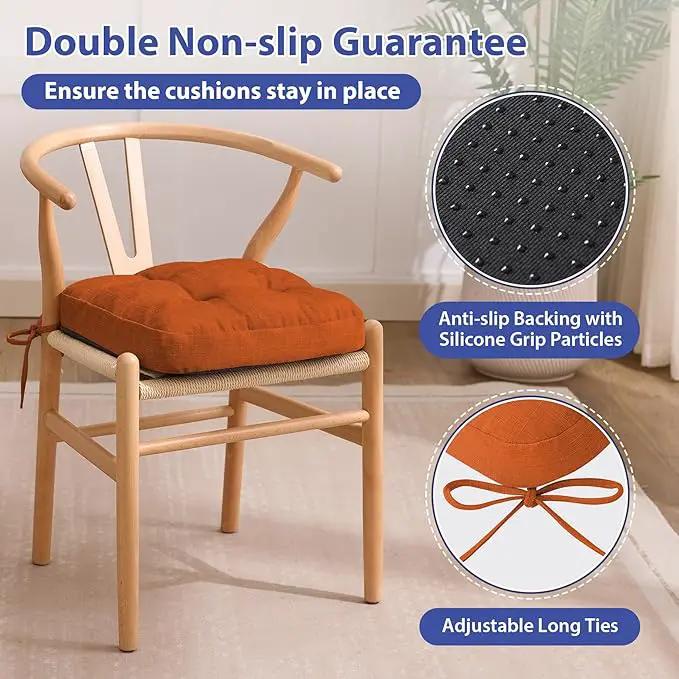 Chair Cushions for Dining Chairs, Dining Chair Cushions, Tufted Indoor Chair Pads with Ties & Non Slip Backing, Seat Cushions for Kitchen Chairs 16.5” x 16.5” x 3.5”, Set of 6, Orange, photo 4 of 7