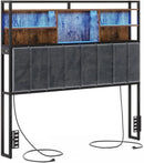 Headboard with 3-Tier Storage Shelves, Velvet Upholstered Head Board with 2 Outlets, USB Ports & LED Light, Soft Backrest for Queen Size Bed, Rustic Brown and Black BH15201BV1 by CozyNest Decor