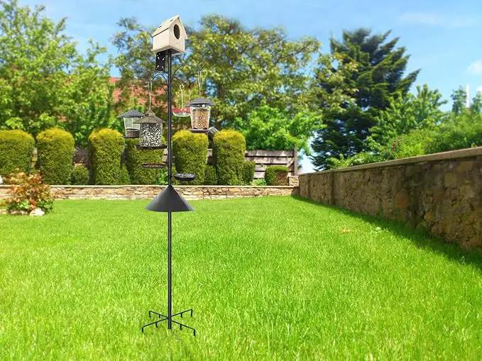 eWonLife 92 Inch Bird Feeder Pole with Squirrel Baffle & Upgraded 9-Prong Base, Adjustable Bird House Pole for Outdoors Heavy Duty, Bird Feeder Stand Post Station with 4 Shepherd Hooks, Birdbath, Tray, photo 2 of 7