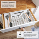 Premium Silverware, Flatware and Utensil Organizer for Kitchen Drawers, Food-Safe Contract Grade, Expandable from 16 to 28 In, White Bamboo by CozyNest Decor