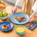vancasso Bonita Dinnerware Set Blue Stoneware 18 Pieces Service for 4, Handpainted Spirals Pattern Stoneware Plates and Bowls Set by CozyNest Decor