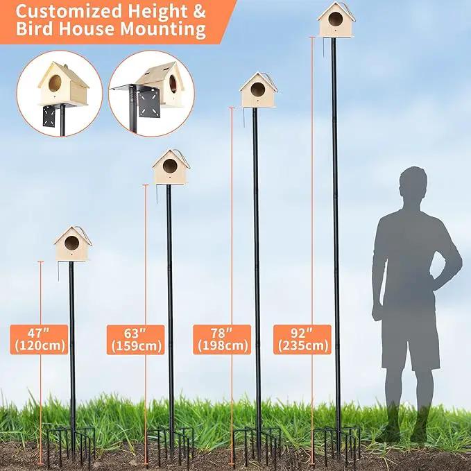eWonLife 92 Inch Bird Feeder Pole with Squirrel Baffle & Upgraded 9-Prong Base, Adjustable Bird House Pole for Outdoors Heavy Duty, Bird Feeder Stand Post Station with 4 Shepherd Hooks, Birdbath, Tray, photo 5 of 7