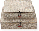 Whitewash Seagrass Basket with Lid Rectangular Decorative Storage Boxes for Shelf Organize Snack Toys Set of 2 (Large+Small) by CozyNest Decor