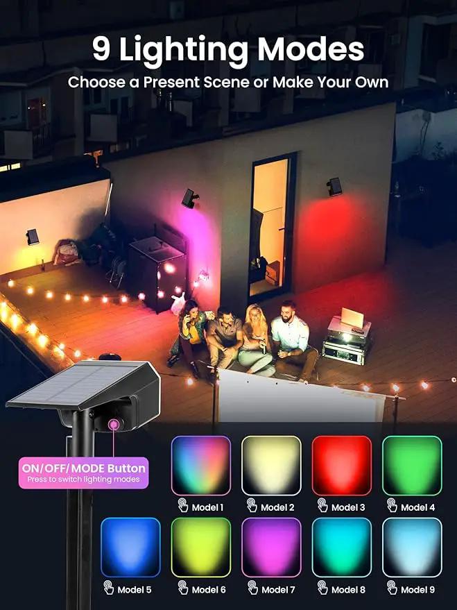 Solar Spot Lights Outdoor, 9 Lighting Modes RGB, Solar Lights Outdoor Waterproof IP65, 63 LED Landscape Spotlights for Holiday Decorations-10 Pack, photo 2 of 13