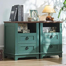 18" Farmhouse Night Stand with Charging Station, 2 Drawers Bedside End Table, Green Wooden Nightstand, Bed Side Table Cabinet with Open Shelf for Bedroom Living Room Office by CozyNest Decor