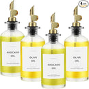 Olive Oil Dispenser Bottle - Includes 55 Kitchen Essential Labels - Cooking Oil Bottles for Kitchen, Coffee Syrup Dispenser - Pourer Spout with 11.8 fl oz Glass Container Cruet - 4pcs, Gold by CozyNest Decor