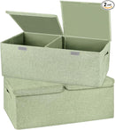 2 Pack Storage Boxes with Lids and Handles, Collapsible Linen Storage Bins Organizer Containers Baskets Cube with Removable Divider for Home Bedroom Closet Office (Green, Small) by TinyTreasures Baby Boutique