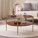 Round Coffee Table, Mid-Century Modern Design, D30 x H17, for Living Room, 2-Tier Structure, Amber Glass Top and Walnut MDF Shelf, Sleek Conical Metal Legs with Gold Finish by CozyNest Decor