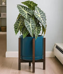 D'vine Dev Ceramic Planter with Walnut Color Stand - 12 Inch Modern Round Flower Pot with Wood Planter Holder, Teal, 55-B-W-4 by CozyNest Decor